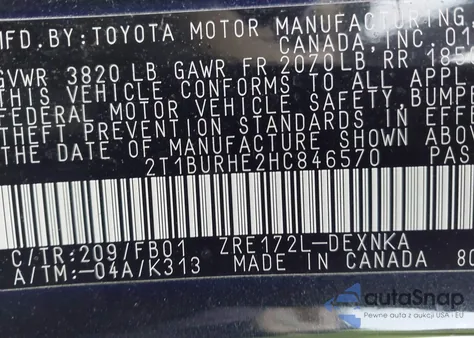 2017 Toyota Corolla Le from USA, damaged, VIN 2T1BURHE2HC846570